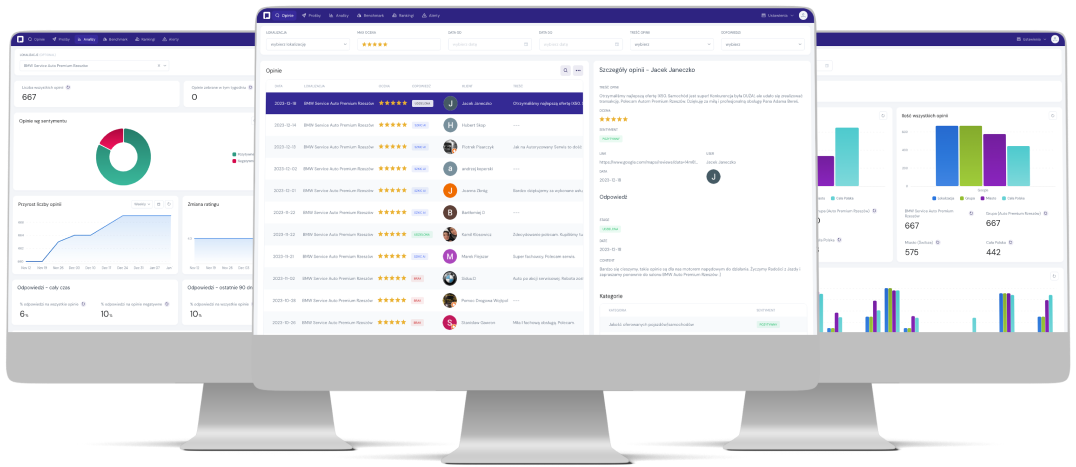 Ekran Opiniomat.pl – lista lokalizacji z średnimi ocenami i liczbą opinii